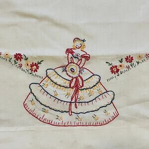 Vintage Embroidered Pillowcase Southern Belle Parasol Floral 1940s Americana